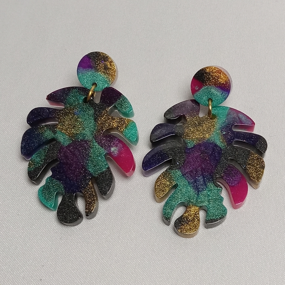 Hand Crafted Tropical Monstera Earrings with Iridescent Finish